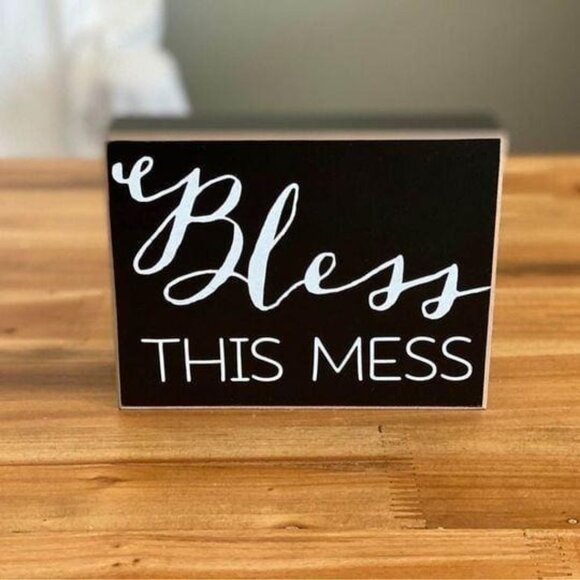 Bless this Mess home decoration block message sign black and white rustic decor - Picture 1 of 6